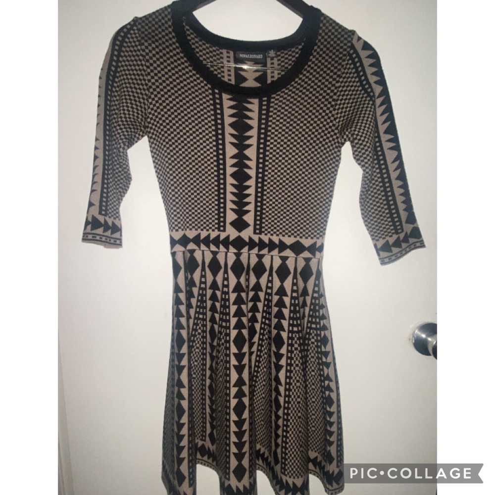 Nina Leonard Black and Tan Geometric Mini Dress